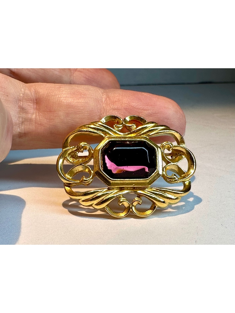 Vintage Avon Filigree Accent Brooch Emerald-Cut Purple Glass Stone